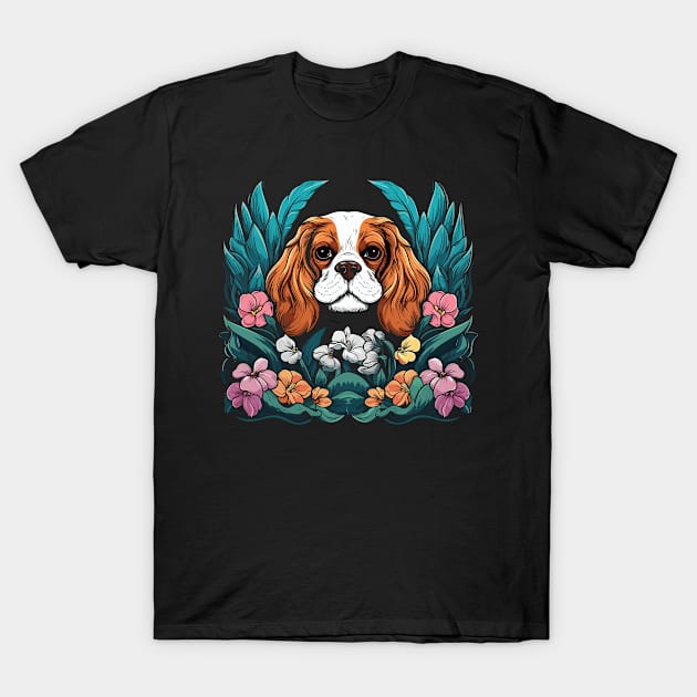King Charles Spaniel with lilies illustration T-Shirt by gezwaters